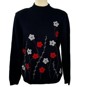 Vintage Alfred Dunner Womens Black Sweater Size M Red White Floral Embroidery